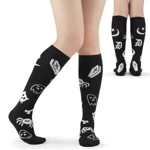 Spooky Gothic Knee-High Socks with Ghost, Skull & Coffin Print